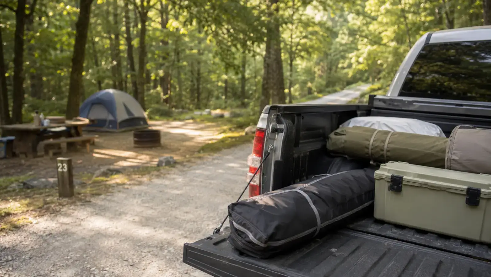 Folded camping cot in its carry bag stored under a truck bed cover next to other camping gear