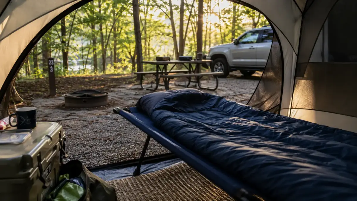 Camping cot set up inside a tent at a campground site in early morning light