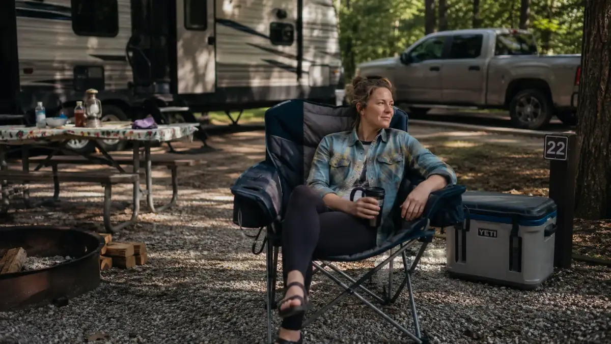 Oversized ALPHA CAMP camping chair set up at a gravel campsite with a travel trailer in the background