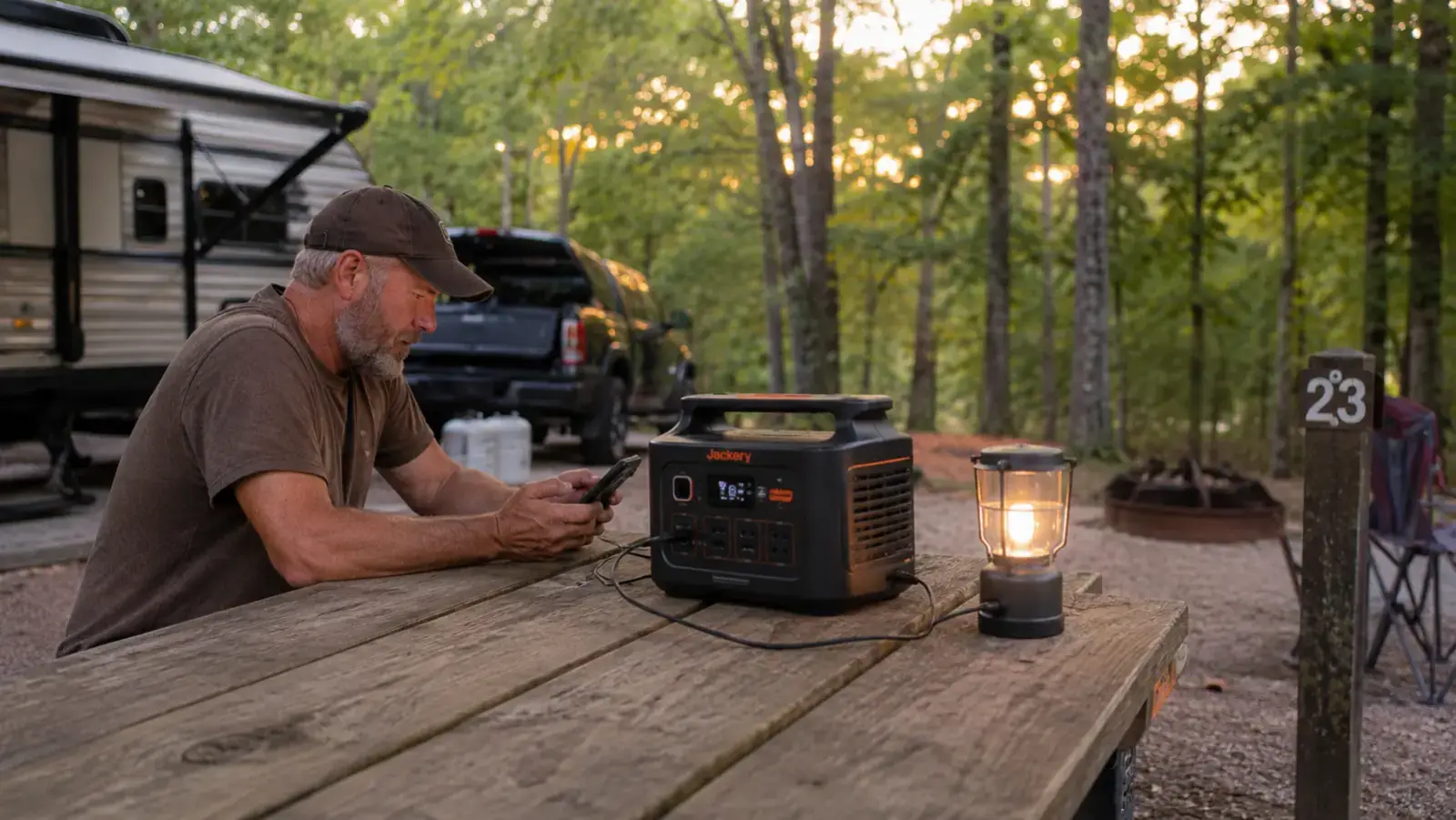 Jackery Explorer 300 portable power station sitting on a picnic table at a campsite with phones and a lantern charging