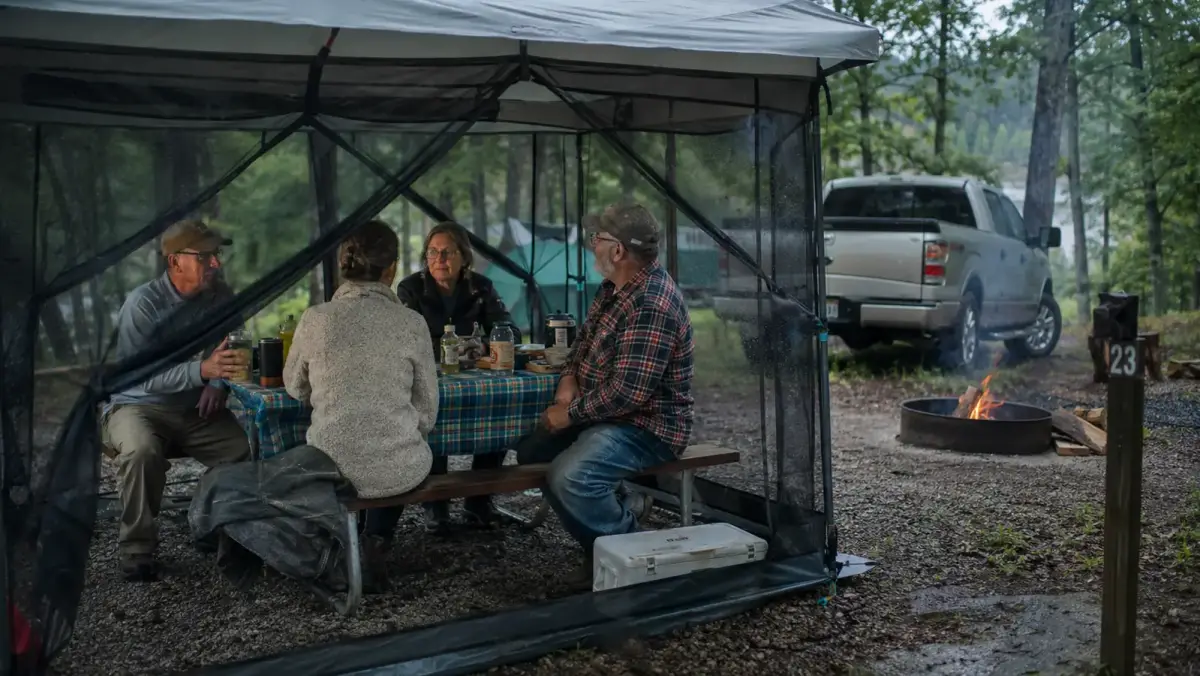 Family sitting under a screen house canopy at a campsite during a light rain shower