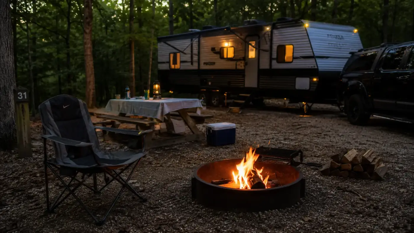 A camping chair set up alone beside a campfire at dusk with a travel trailer in the background