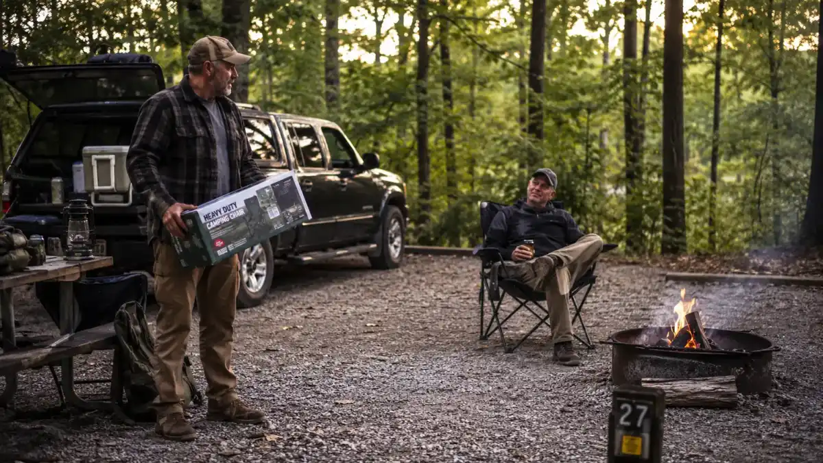 Two campers at neighboring campsites reacting differently to unboxing the same heavy duty camping chair
