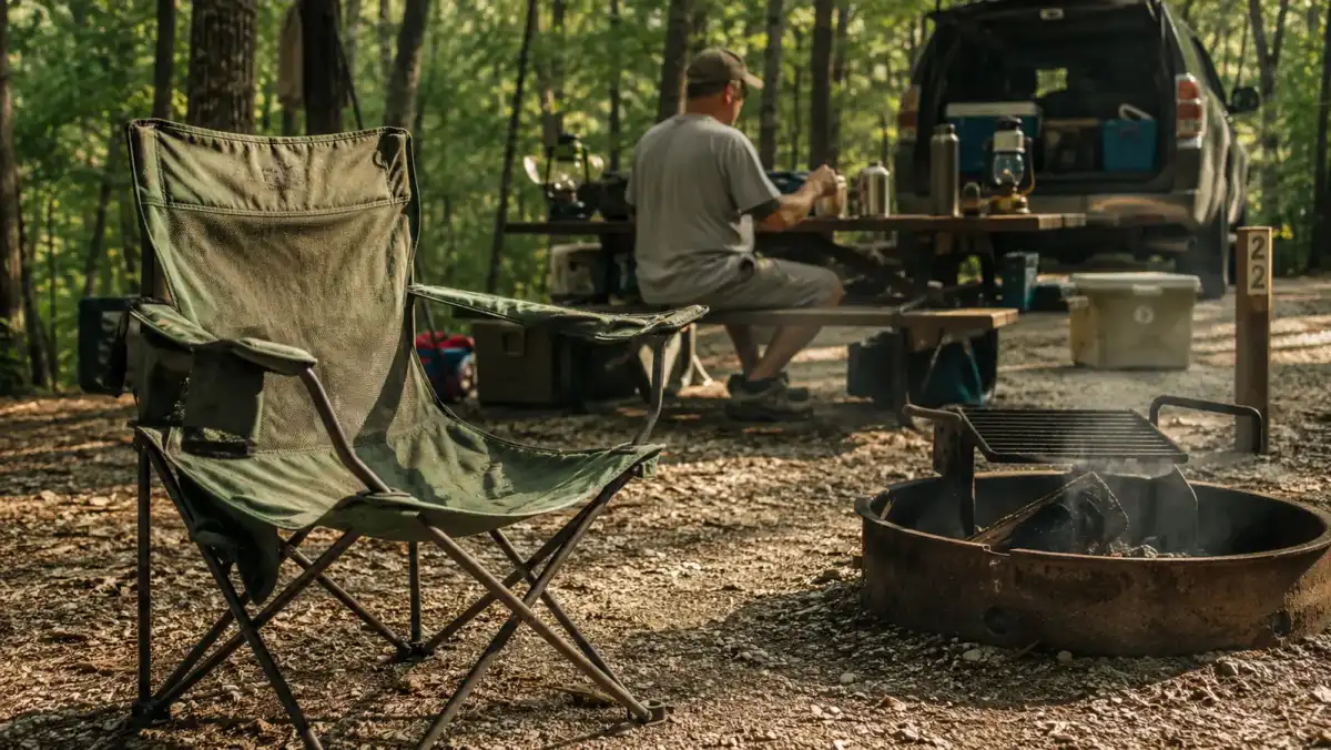 Weathered ALPHA CAMP camping chair sitting at a campsite after months of use, showing sun fade on the fabric