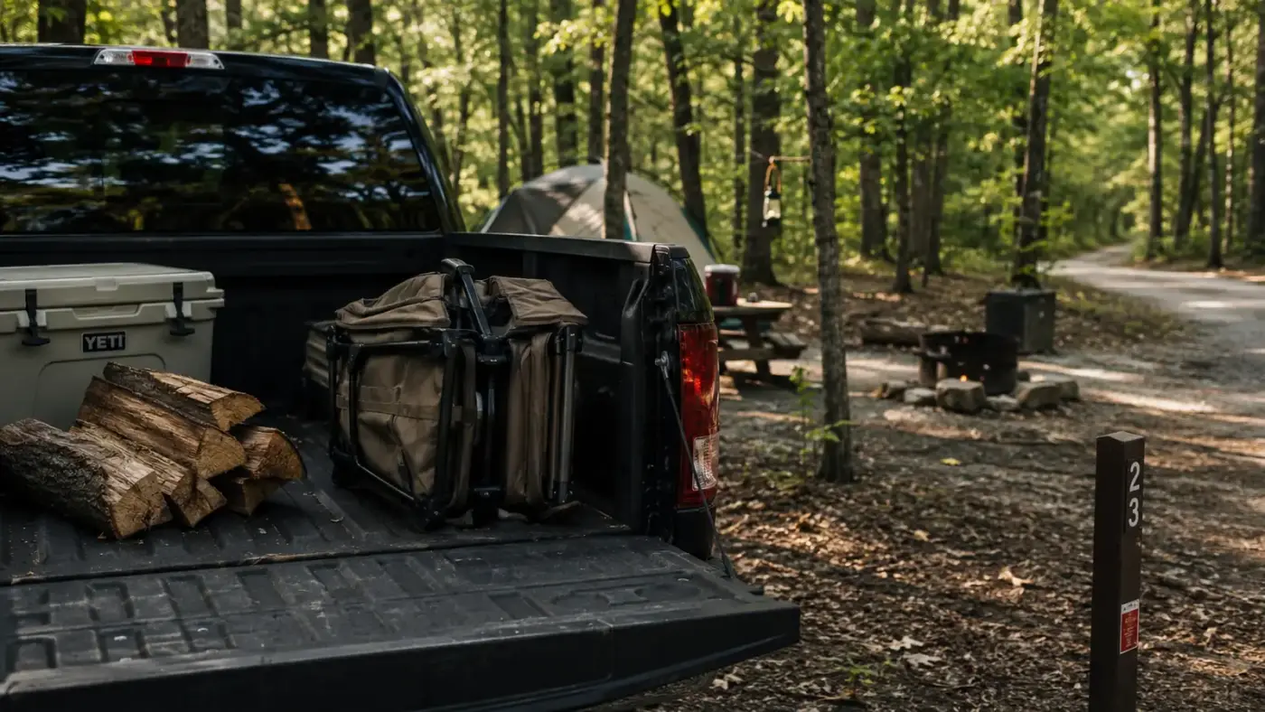 Wide shot of the folded ALPHA CAMP camping chair loaded into the bed of a pickup truck alongside camping gear