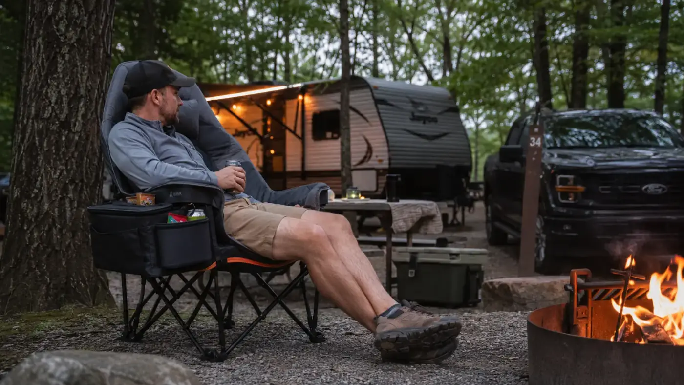ALPHA CAMP heavy duty camping chair set up at a campground fire ring at dusk