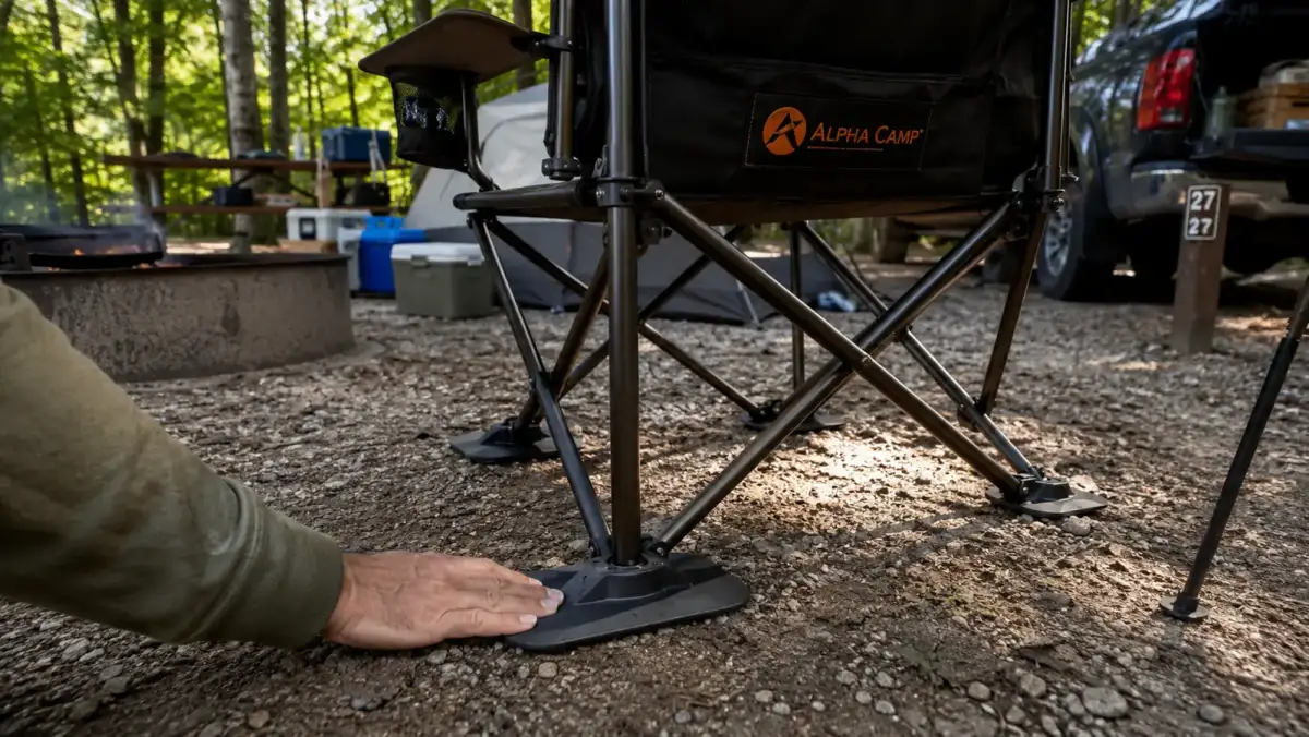 Close-up of a camper's hand testing the wide steel leg stance of the ALPHA CAMP camping chair on gravel campsite ground