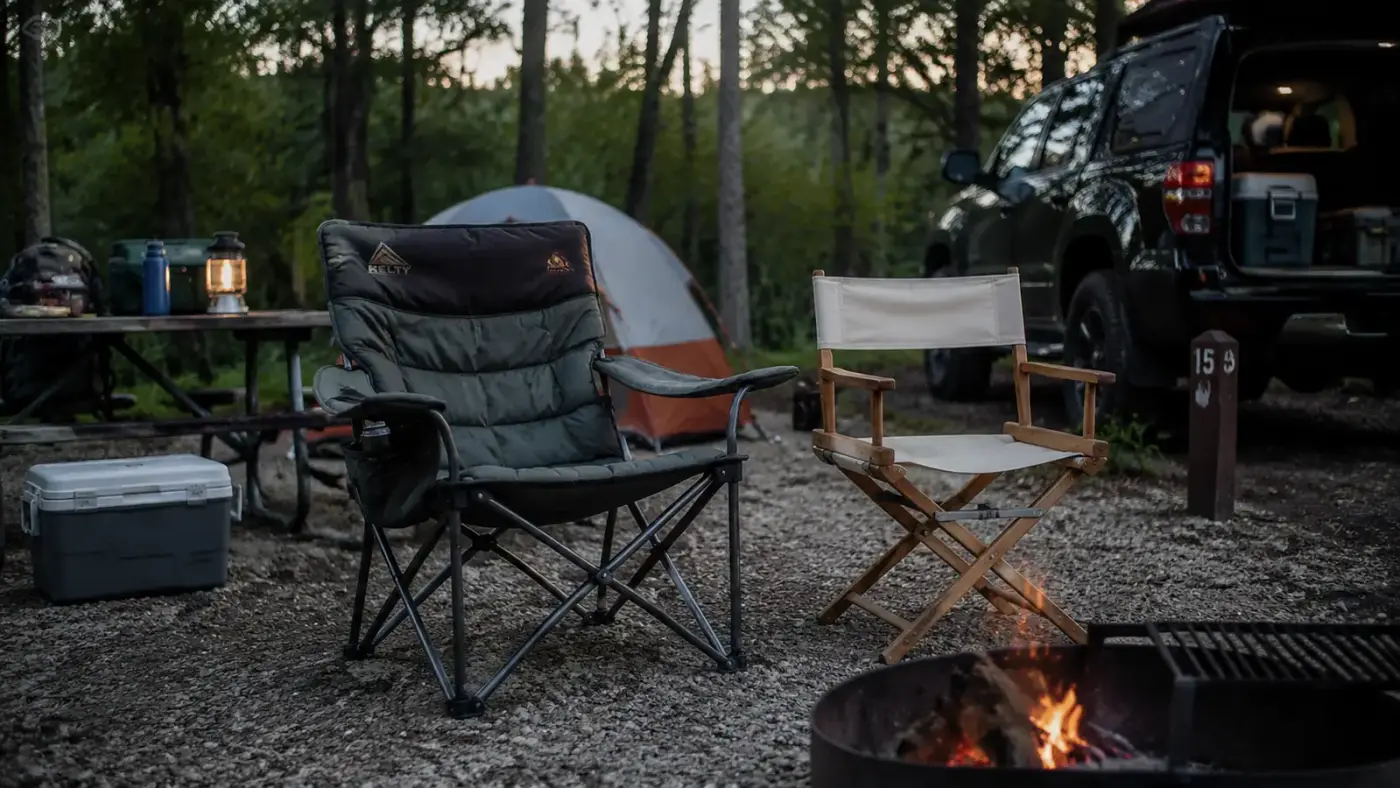 ALPHA CAMP heavy duty camping chair and a classic wooden director's chair set up side by side at a campsite