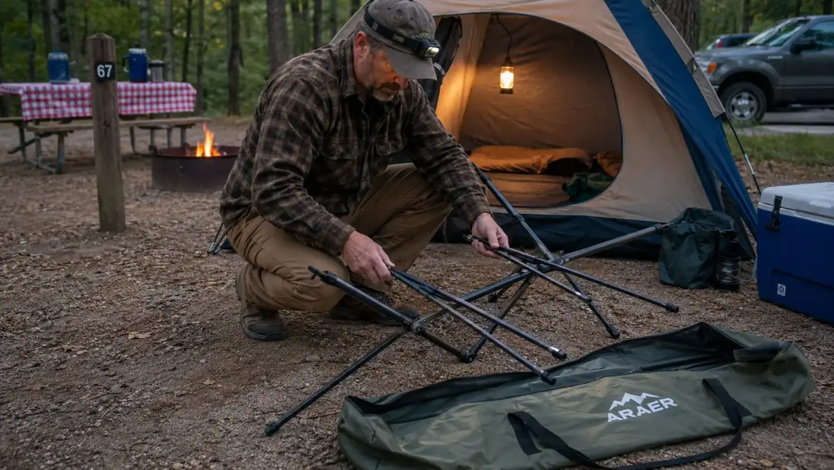 Man kneeling beside a folded camping cot, unfolding the steel legs on a tent floor