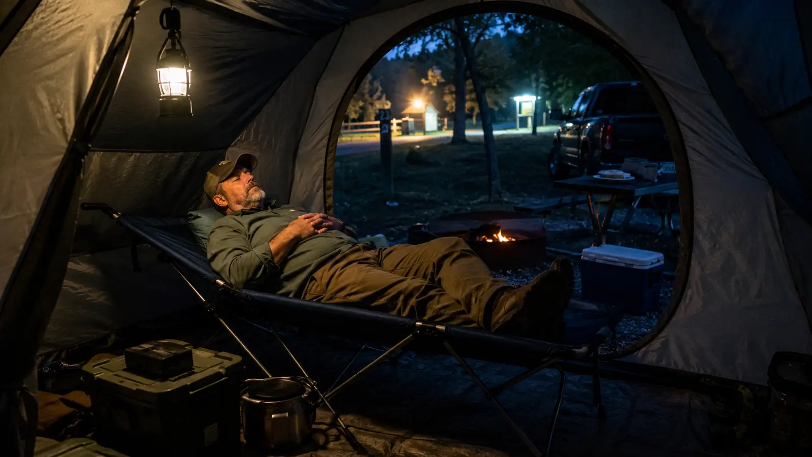 A camping cot set up inside a small tent near a campground entrance station at night