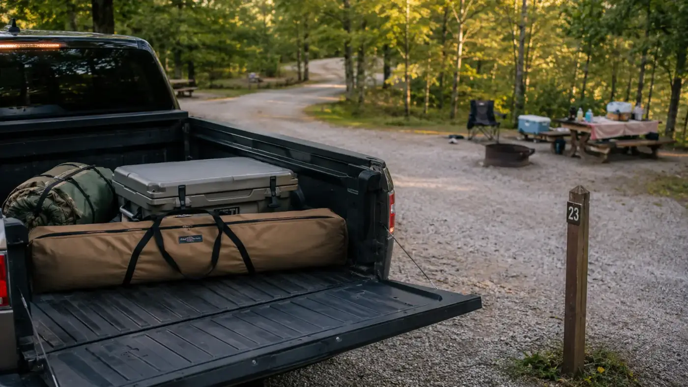Folded ARAER camping cot packed into its carry bag next to a cooler in the bed of a pickup truck