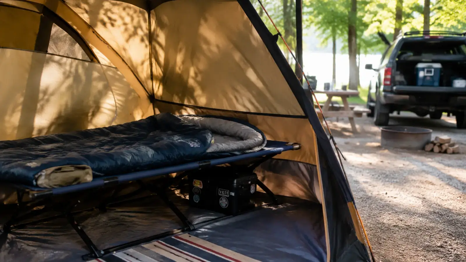 ARAER camping cot set up inside a tent at a wooded campground, morning light coming through the tent door
