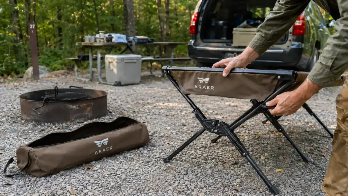 Hands unfolding the steel frame of a camping cot on a gravel campsite pad