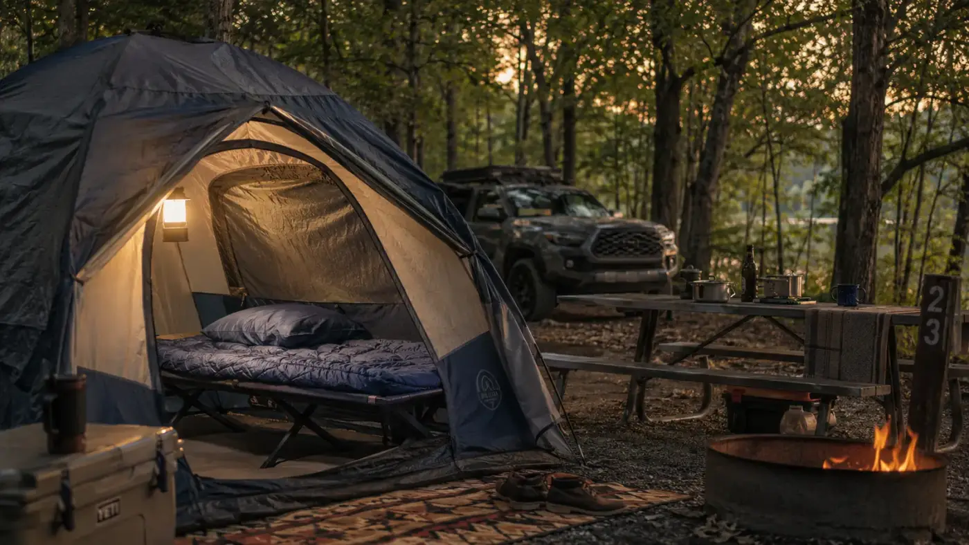 ARAER camping cot set up inside a tent with a sleeping bag on top, lantern light at dusk