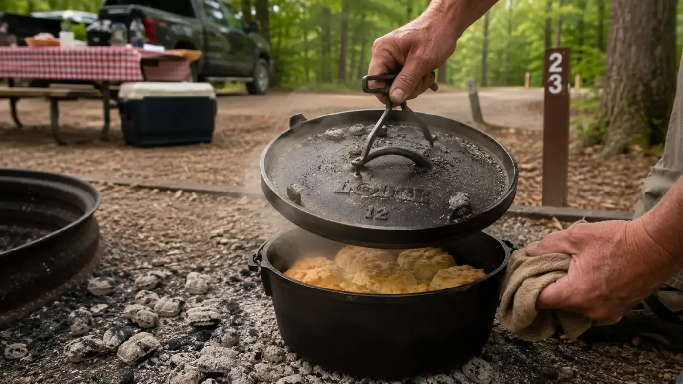 Hands lifting the lid off a cast iron dutch oven to reveal fresh biscuits, steam rising