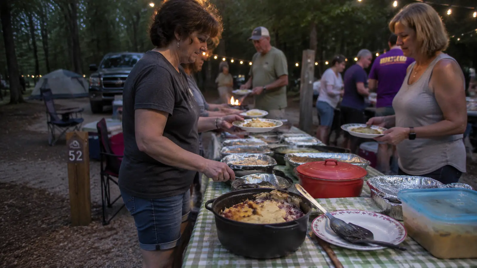 A folding table at a campground potluck with a peach cobbler served straight from a cast iron dutch oven