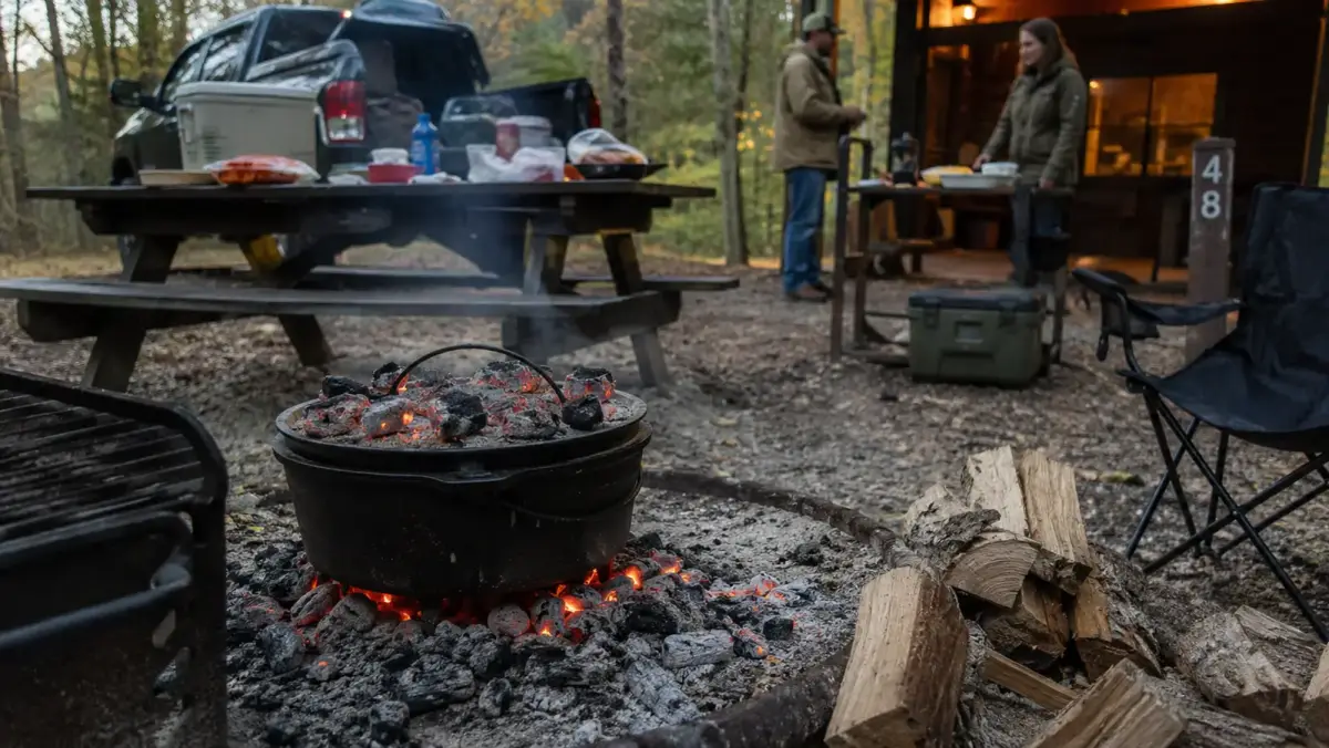 A cast iron dutch oven with coals on the lid sitting over a campfire at dusk near a shelter house