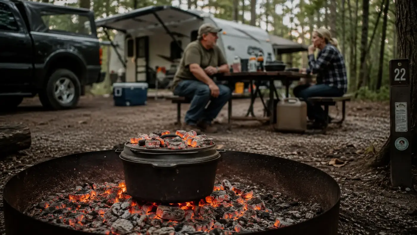 Lodge cast iron camp dutch oven with three legs and flanged lid sitting in glowing campfire coals