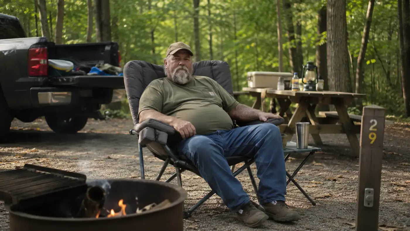 Bigger camper settling into a heavy duty camping chair beside a picnic table at a campground site