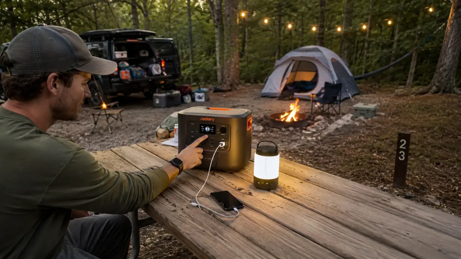 Portable power station charging a phone and lantern on a picnic table at a dusk campsite
