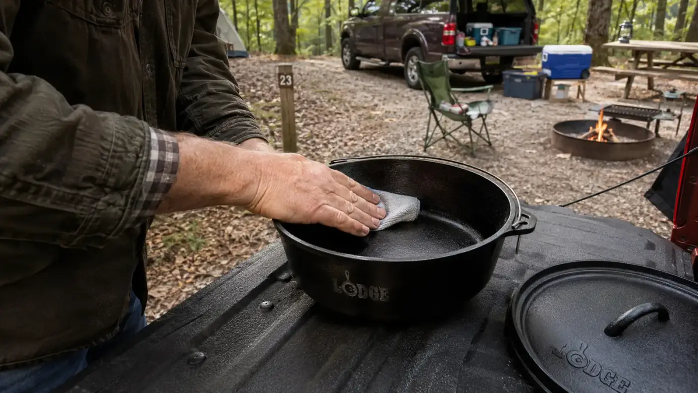 Hand rubbing a thin coat of oil into a cast iron dutch oven with a folded cloth
