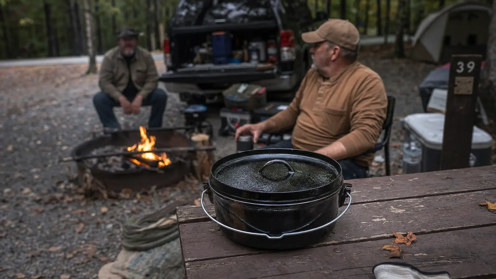 Cast iron camp dutch oven with lid propped open, resting near a campfire ring on a wooden picnic table
