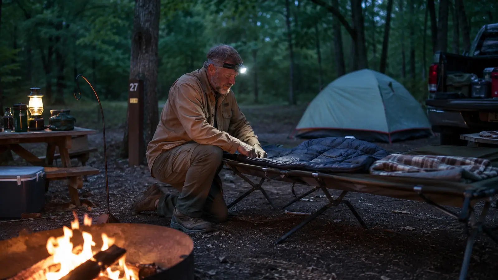 Camper setting up a folding camping cot beside a tent at dusk with a headlamp on