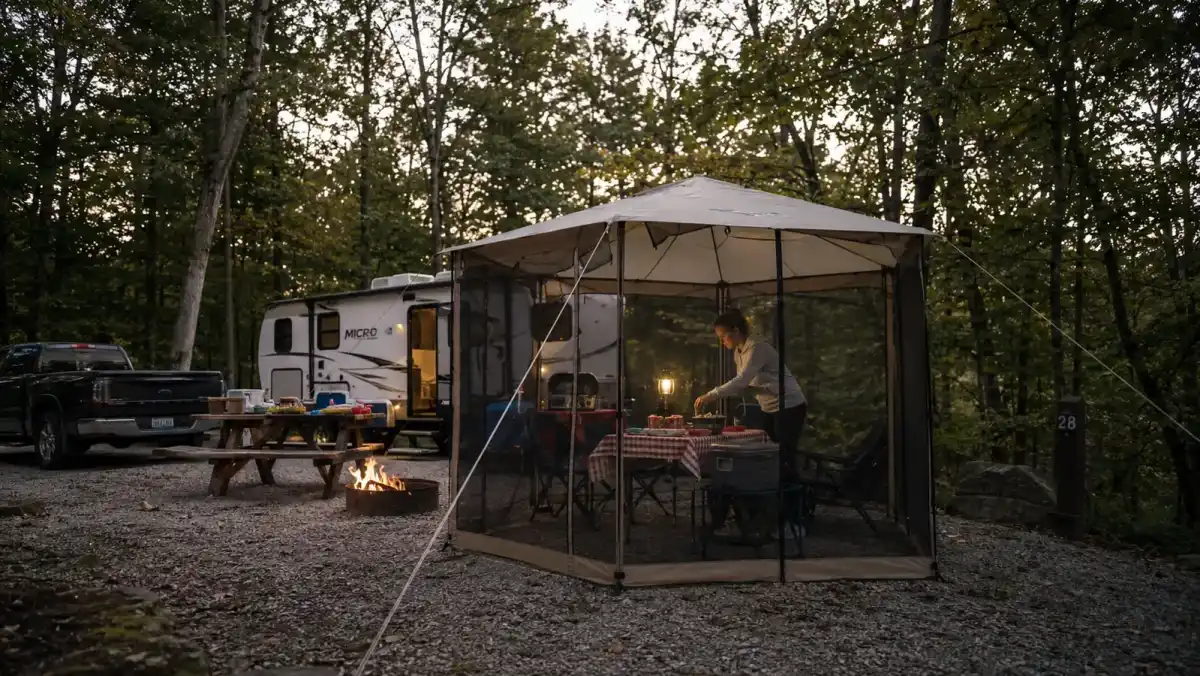 Alvantor pop up screen house canopy set up and staked at a wooded campsite in evening light