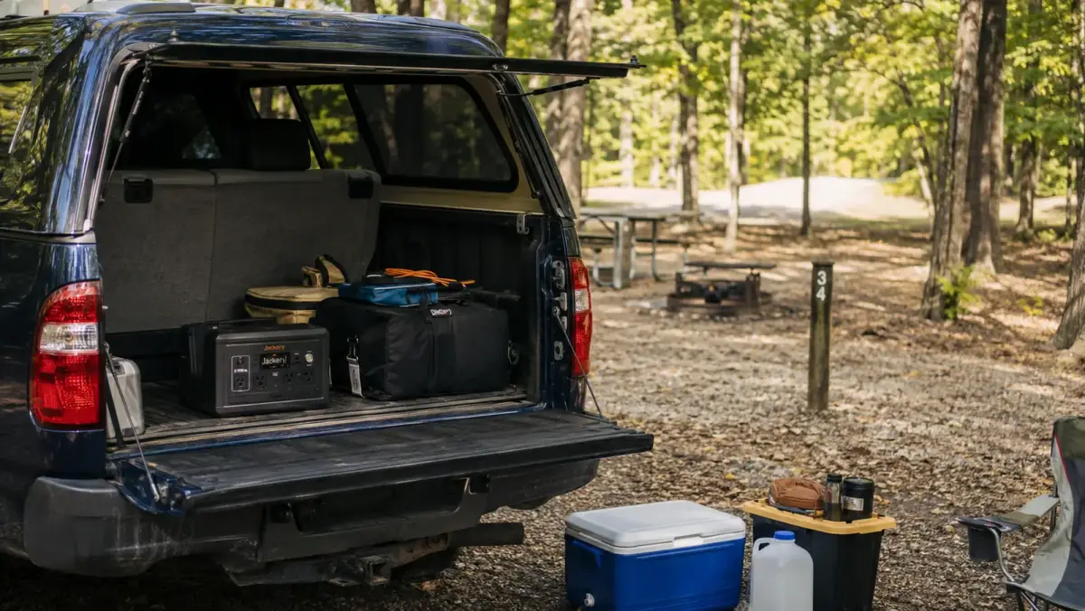 Portable power station stored behind the seat of a pickup truck alongside camping gear