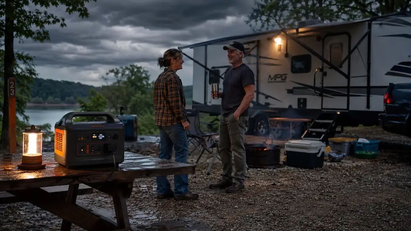 A portable power station glowing on a picnic table under storm clouds at dusk with a travel trailer in the background