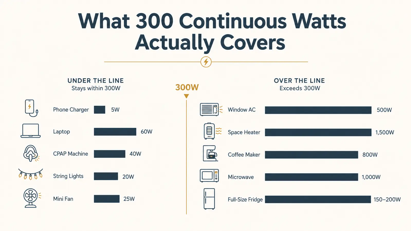Chart showing which common appliances fall inside and outside a 300 watt continuous power limit