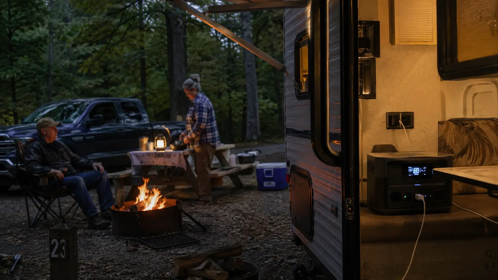 Portable power station charging from a wall adapter inside a travel trailer overnight