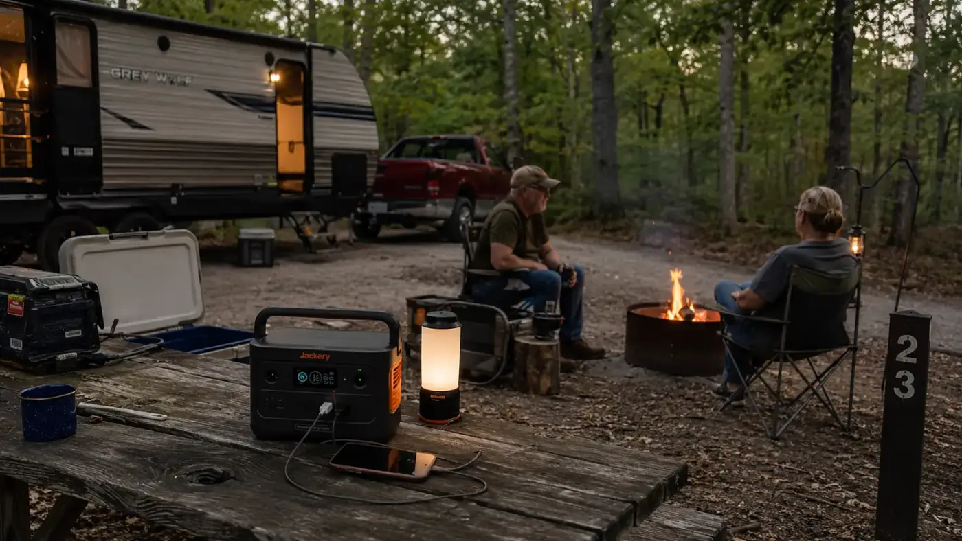 Jackery Explorer 300 portable power station sitting on a picnic table at a campsite with cords running to a lantern and phone