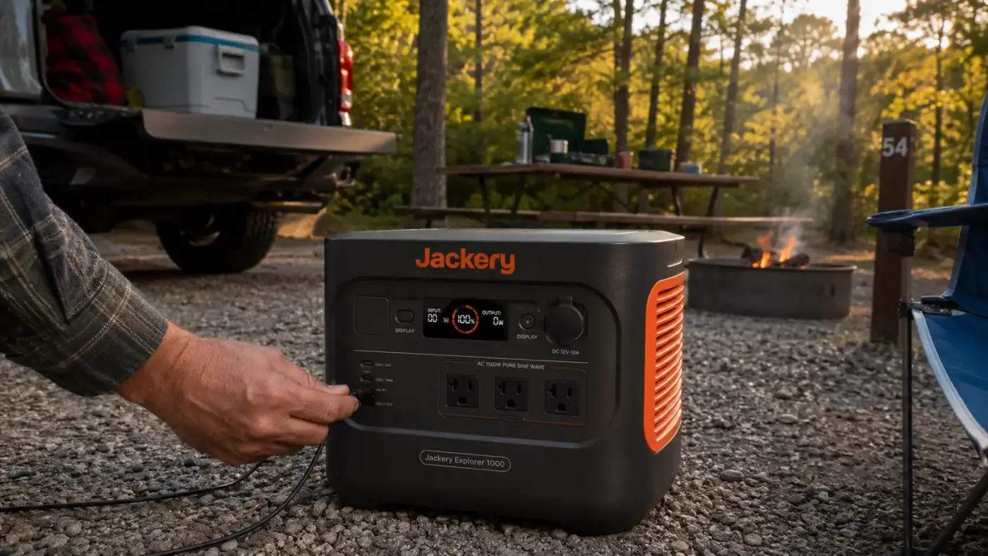 Close-up of a hand plugging a phone charging cable into the Jackery Explorer 300 power station's front panel