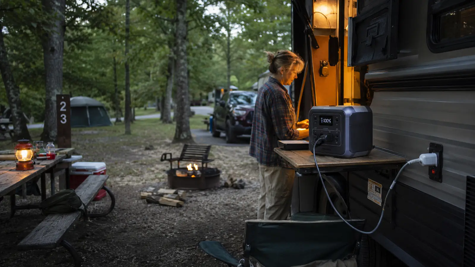 Portable power station charging from a wall outlet inside a travel trailer overnight