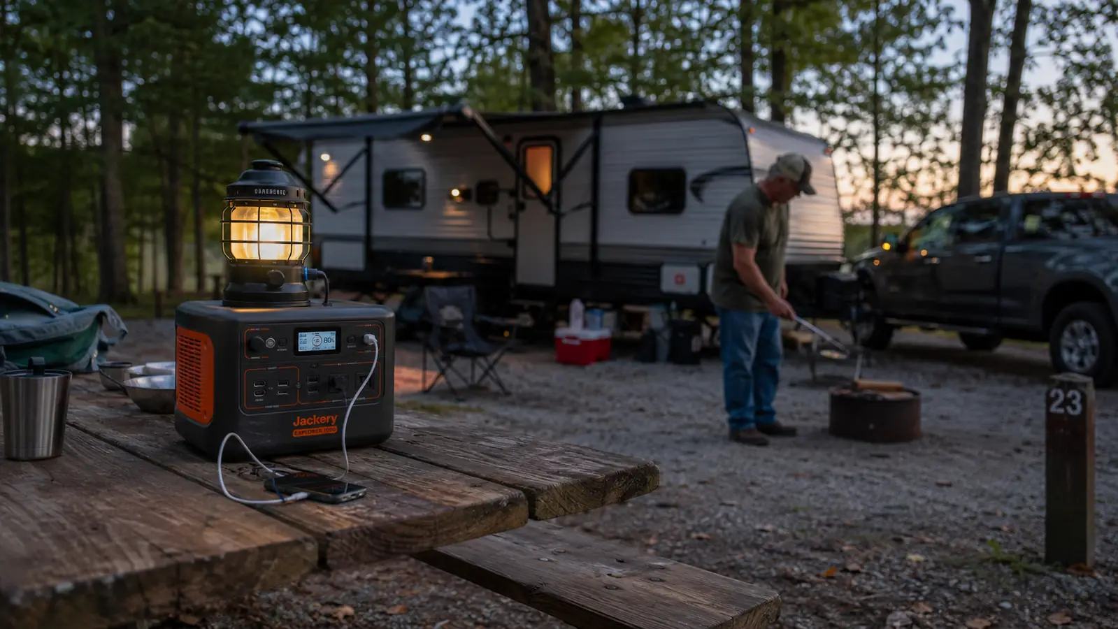 Jackery Explorer 300 portable power station sitting on a picnic table at a campsite at dusk with a lantern plugged in