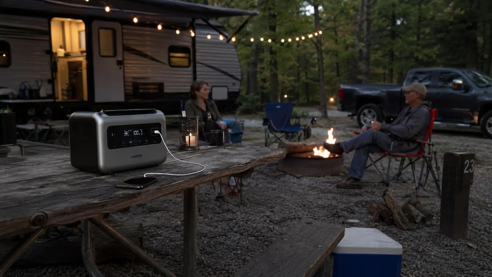 Jackery Explorer 300 portable power station sitting on a picnic table at a quiet campsite at dusk