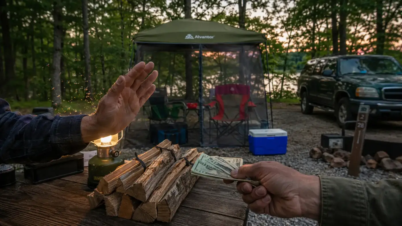 Close-up of a hand counting cash at a firewood table swatting at gnats before the screen house was set up