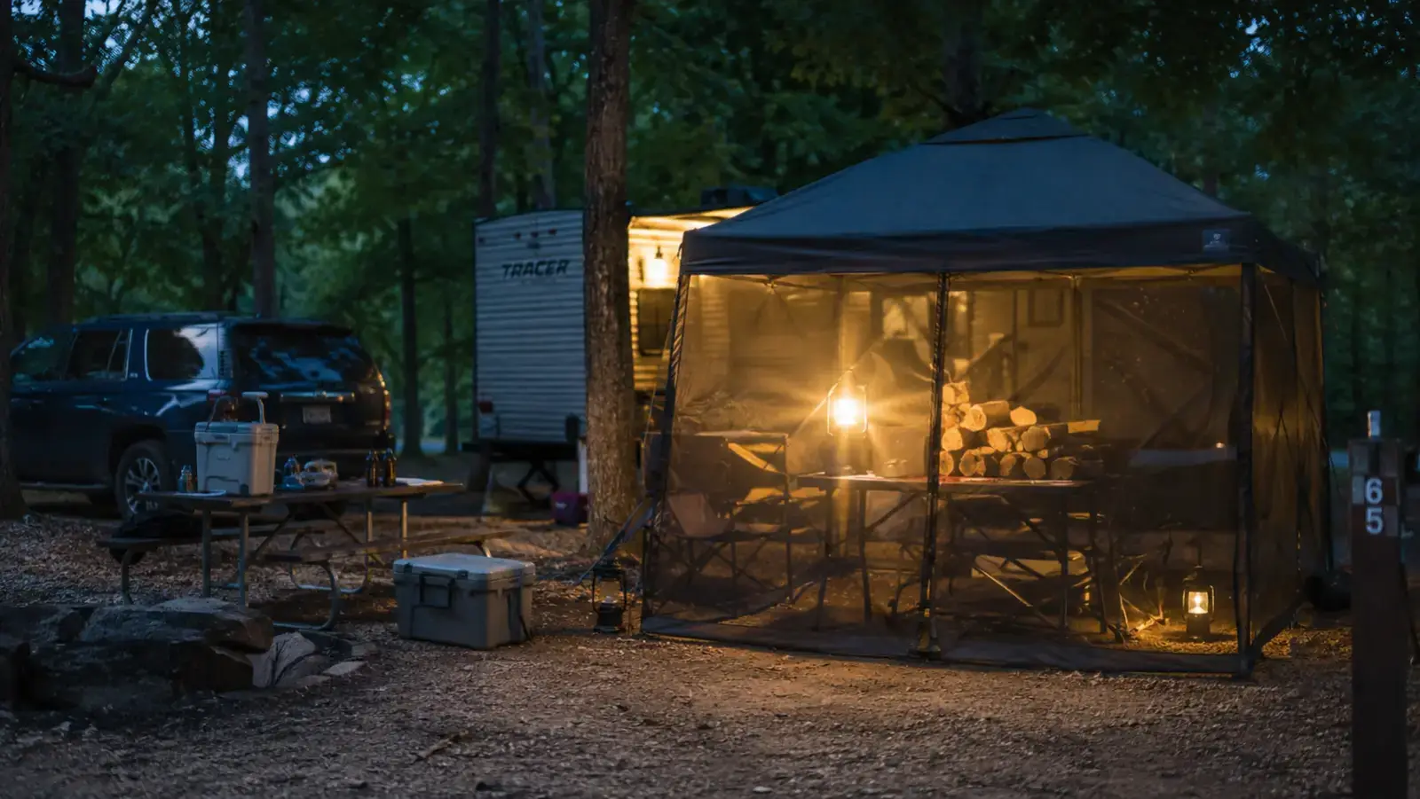 A mesh screen house canopy glowing with lantern light at dusk beside a folding table stacked with firewood bundles