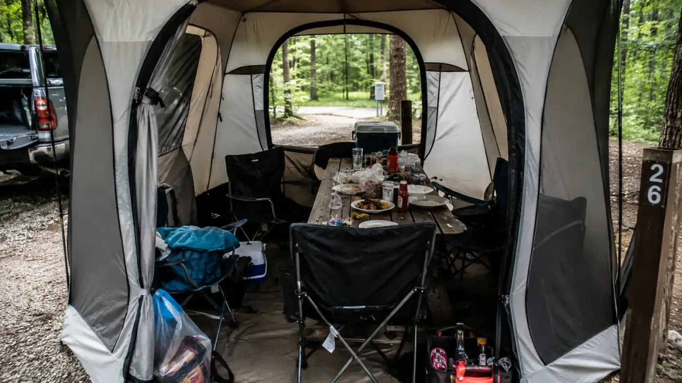 A picnic table and four camp chairs crowded tightly inside the Alvantor screen house, showing the real usable floor space